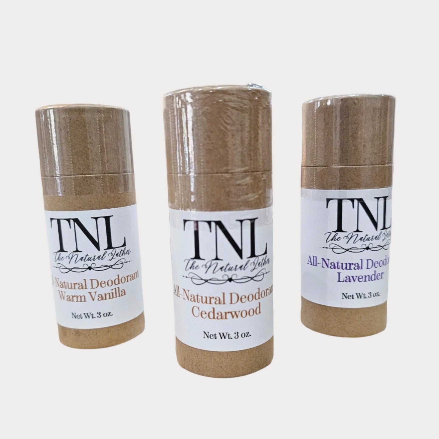 The Natural Lather's collection of all-natural deodorants including; cedarwood, lavender, and warm vanilla.